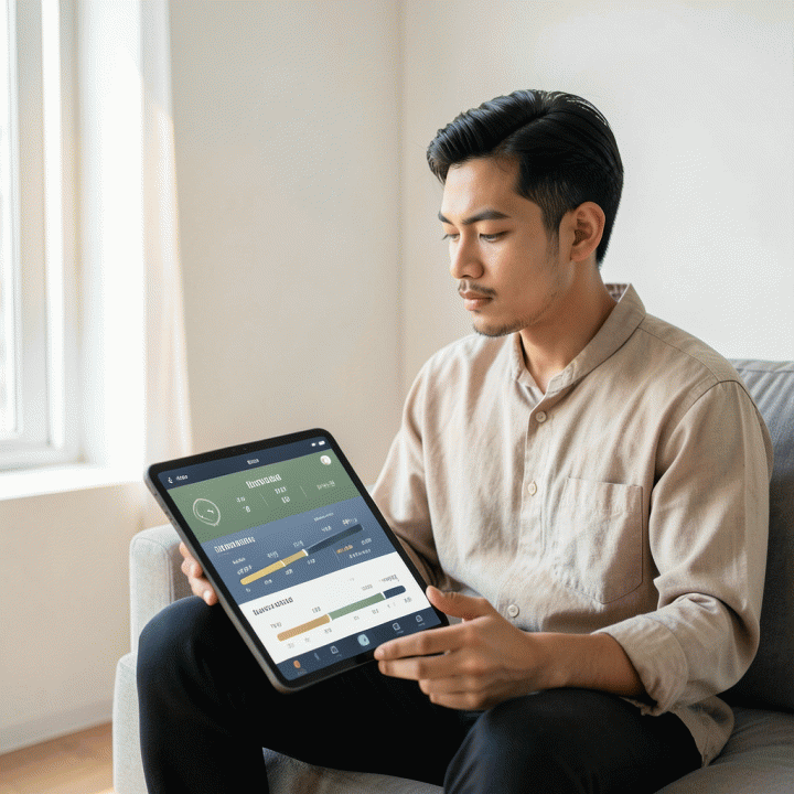 Seorang pemuda Muslim Indonesia sedang meninjau pelacak kebiasaan ibadah digital di tablet, menunjukkan proses evaluasi dan peningkatan konsistensi spiritual.