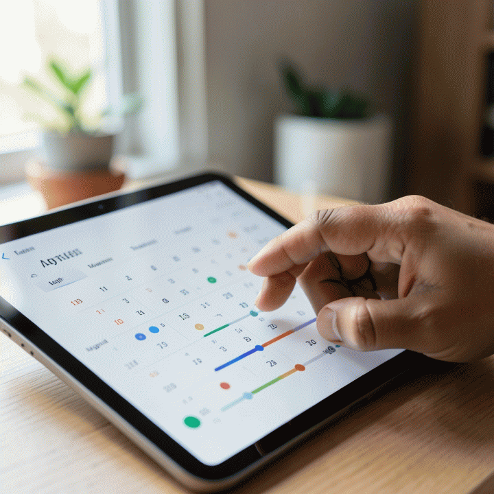 Tangan seseorang sedang mencatat atau mengevaluasi progres ibadah harian pada antarmuka pelacak kebiasaan digital yang bersih dan modern.