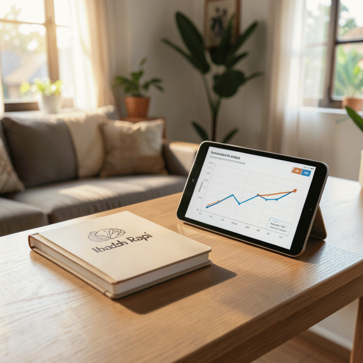 Pandangan sinematik meja kayu modern dengan jurnal pelacak kebiasaan spiritual 'Ibadah Rapi' dan tablet yang menampilkan grafik tren progres ibadah yang positif, menciptakan suasana reflektif dan fokus.