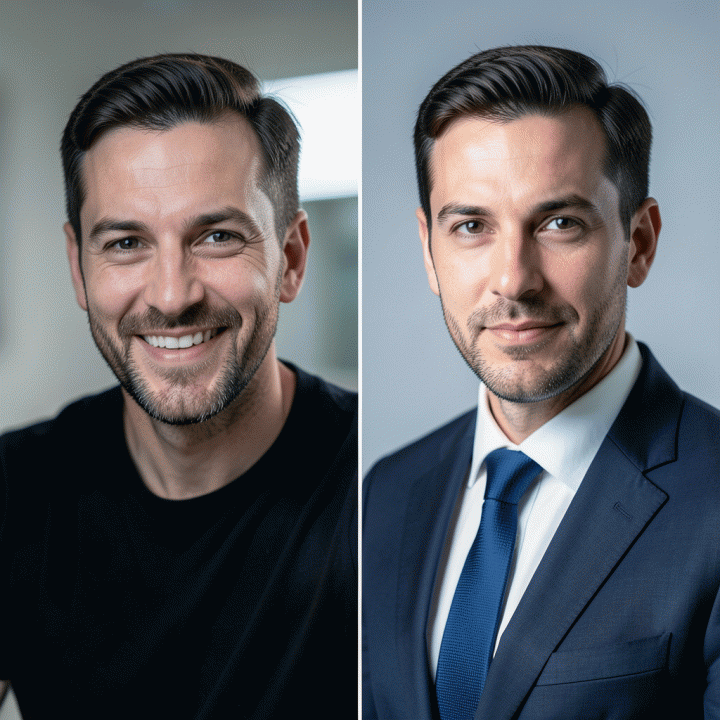 Comparison of a casual selfie and a highly professional corporate portrait.