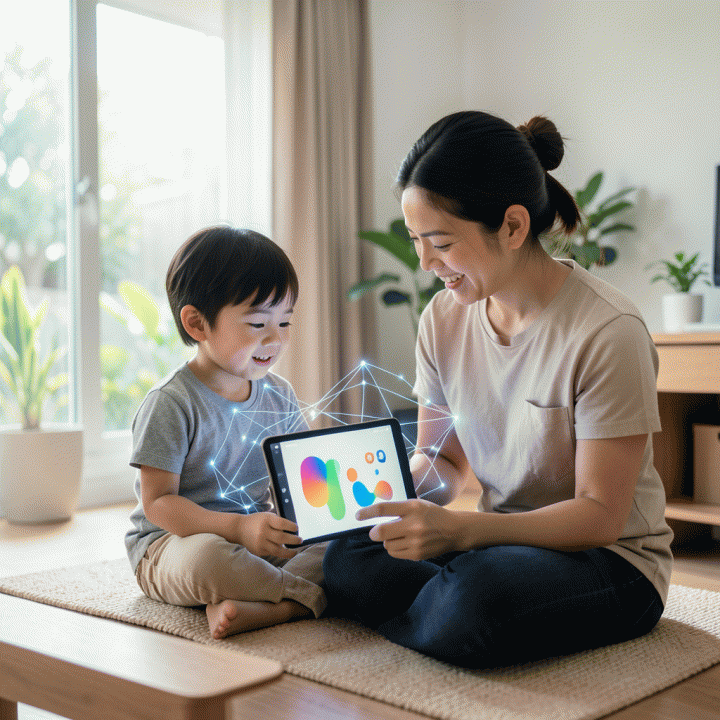 Orang tua dan anak sedang belajar interaktif menggunakan tablet di ruang belajar yang hangat, melambangkan evaluasi perkembangan belajar yang didukung teknologi AI.