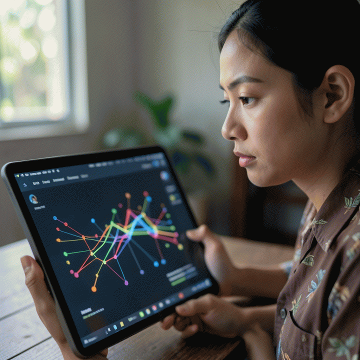 Guru menganalisis data perkembangan belajar anak secara abstrak di layar tablet, menunjukkan evaluasi materi ajar.