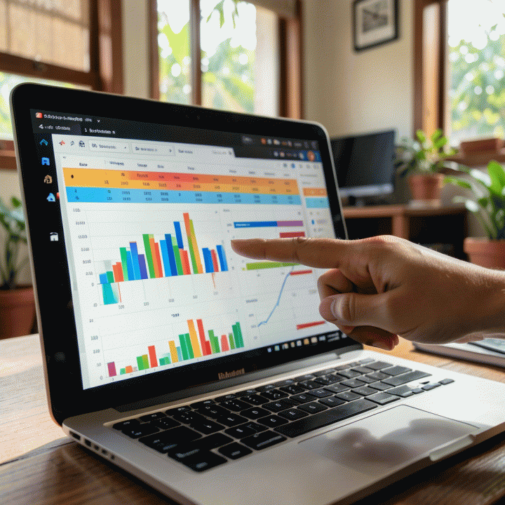 Tangan menunjuk ke visualisasi data keuangan yang kompleks dan terstruktur di layar laptop, menunjukkan analisis perkembangan keuangan.