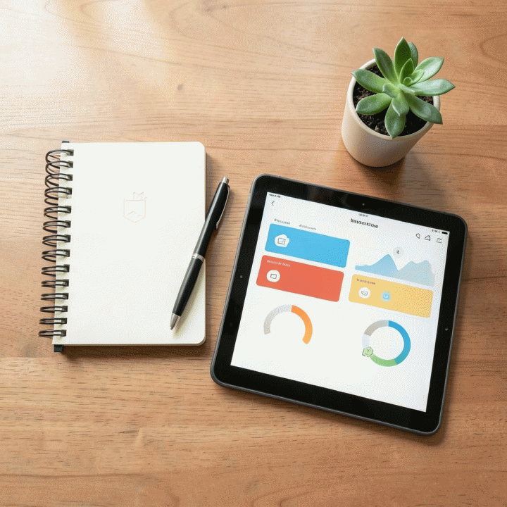 Tampilan datar (flat lay) yang rapi berisi alat perencanaan keuangan seperti buku catatan dan tablet yang menampilkan antarmuka perencanaan anggaran yang abstrak.