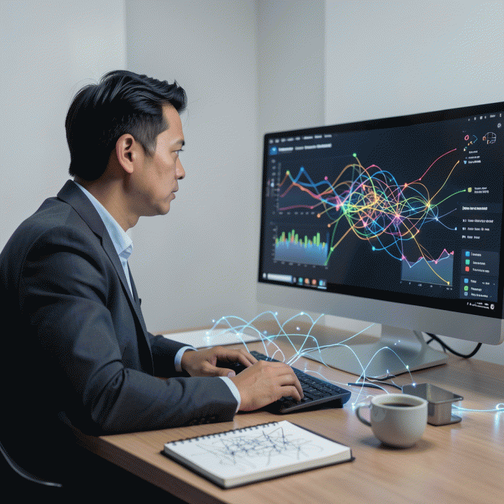 Seorang pemasar digital profesional sedang menganalisis data pertumbuhan konten marketing yang kompleks menggunakan antarmuka AI di ruang kerja modern.