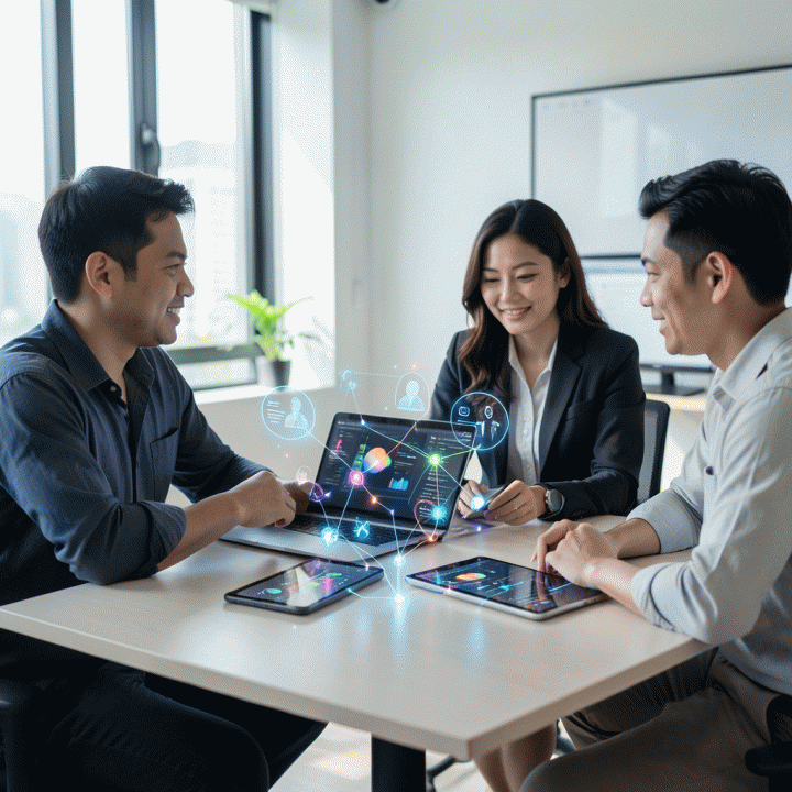 Ilustrasi profesional yang menampilkan tim kolaboratif di meja kerja modern, berinteraksi dengan visualisasi data holografik yang kompleks dan terstruktur, melambangkan proses pengukuran dan pengembangan persona pelanggan menggunakan AI.