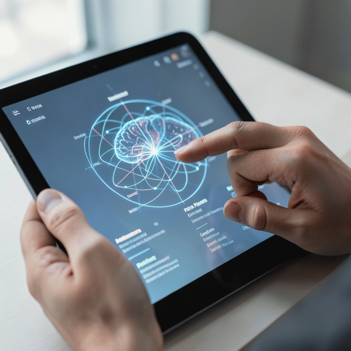 Tangan yang sedang berinteraksi dengan antarmuka tablet futuristik, menampilkan visualisasi persona pelanggan yang berkembang dan terstruktur, melambangkan pengukuran perkembangan persona.