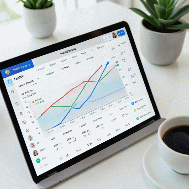 Tampilan close-up dashboard perencanaan keuangan digital yang menunjukkan tren peningkatan dan stabilitas finansial keluarga.