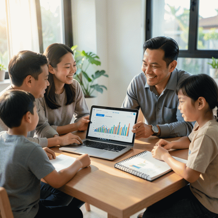 Keluarga Indonesia yang tampak tenang dan cerdas sedang menganalisis grafik tren keuangan pada laptop bersama buku perencanaan keuangan keluarga yang rapi, melambangkan perencanaan finansial masa depan.