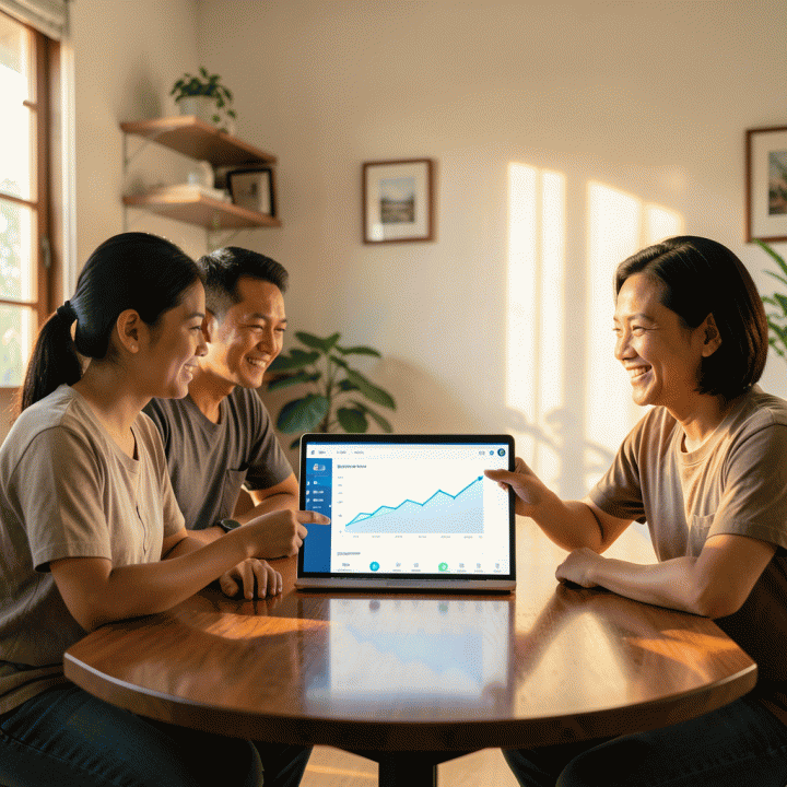 Keluarga Indonesia modern yang bahagia meninjau dashboard keuangan digital yang menunjukkan tren pertumbuhan keuangan yang stabil dan positif, melambangkan perencanaan anggaran masa depan yang sukses.