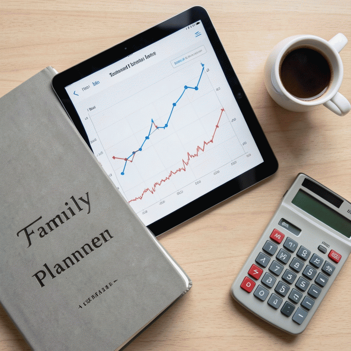 Tampilan datar meja kerja yang berisi tablet dengan grafik tren keuangan, buku catatan Family Planner, dan kopi, menunjukkan proses analisis data.
