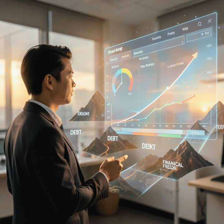 Ilustrasi profesional Indonesia melihat dashboard keuangan yang menampilkan progres pelunasan utang yang terukur dan jalan menuju kebebasan finansial.