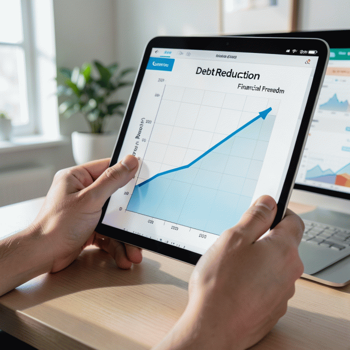 Grafik digital di tangan menunjukkan penurunan utang yang signifikan, menandakan progres pelunasan yang terukur.