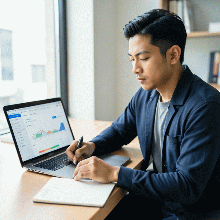 Seorang profesional muda Indonesia yang sedang menganalisis dashboard keuangan di laptop, menunjukkan proses perencanaan finansial yang terukur menuju kebebasan utang.