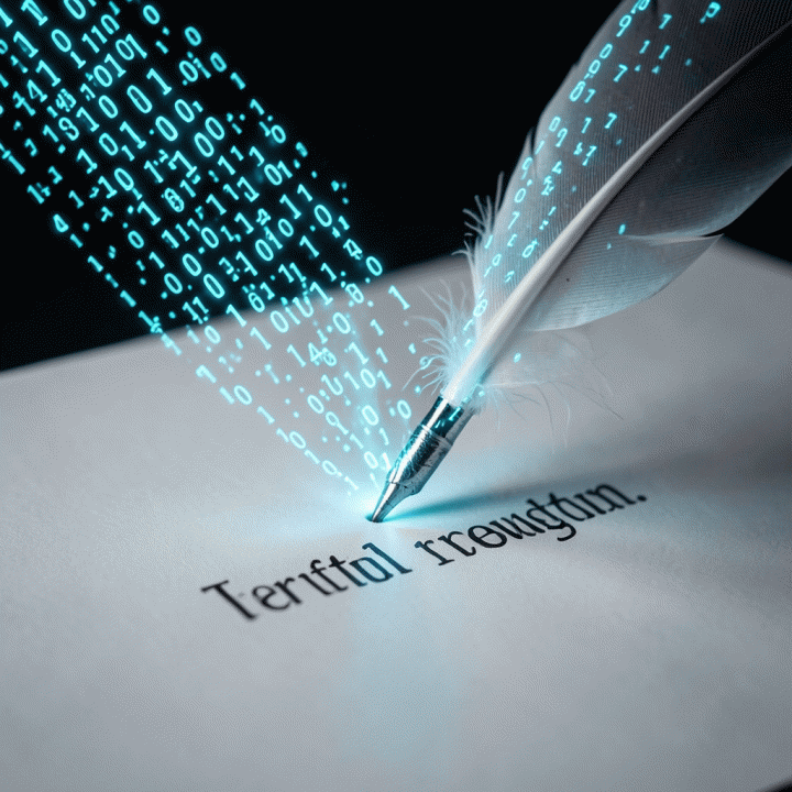 Visualisasi konseptual perpaduan antara analisis data dengan proses penulisan copywriting yang kuat dan strategis.