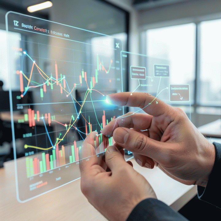 Tangan menelusuri visualisasi data yang kompleks pada antarmuka holografik, mengubah data mentah menjadi alur strategi pemasaran yang jelas.