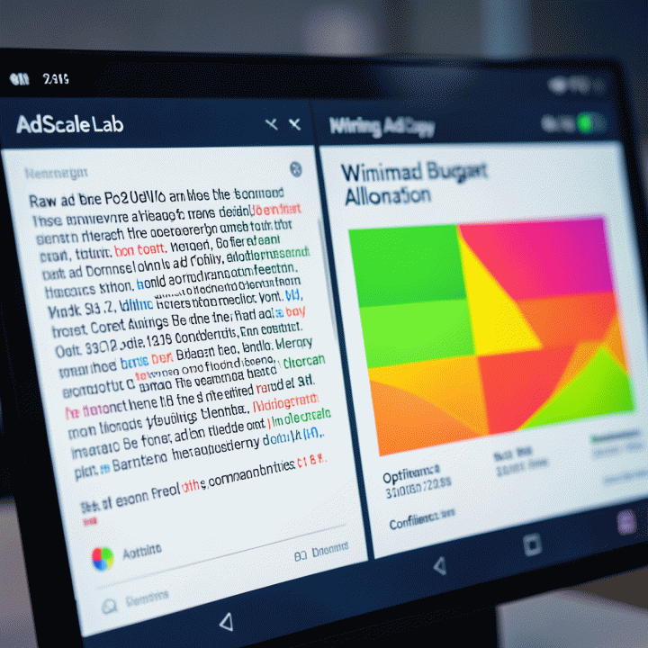 Perbandingan data iklan mentah yang rumit di satu sisi dan insight otomatis yang jelas (heatmap, skor) di sisi lain, menunjukkan alat analisis.