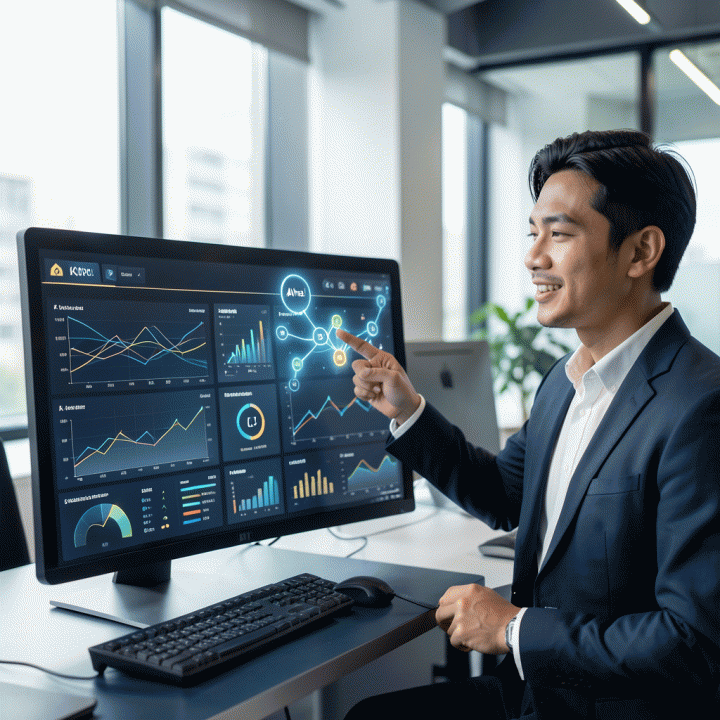 Seorang profesional pemasaran melihat dashboard otomatisasi yang mengubah data iklan yang kompleks dan kacau menjadi insight strategis yang jelas dan mudah ditindaklanjuti, melambangkan peningkatan ROI.