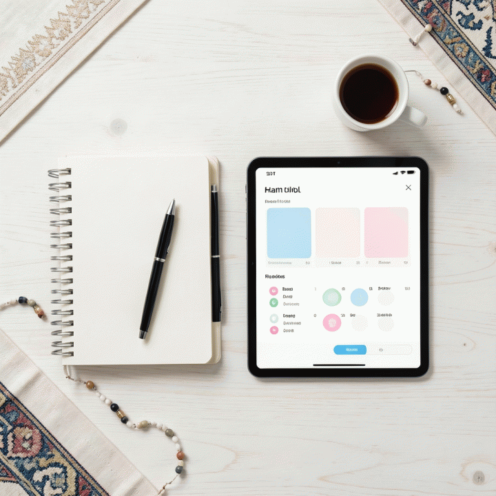 Tampilan datar (flat lay) yang menunjukkan perlengkapan perencanaan ibadah seperti buku catatan dan tablet habit tracker, melambangkan manajemen waktu spiritual.