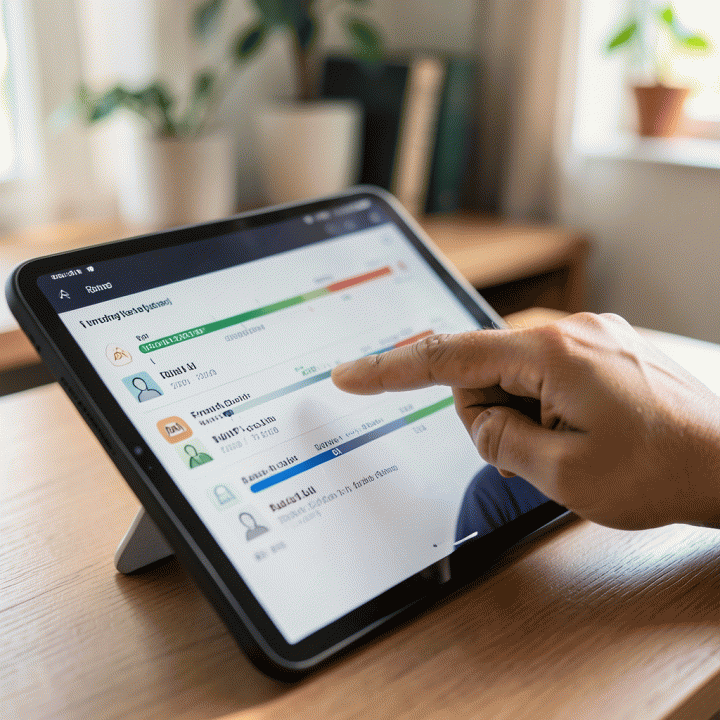 Tangan menunjuk pada antarmuka pelacak kebiasaan di tablet, menunjukkan progres konsisten ibadah harian.