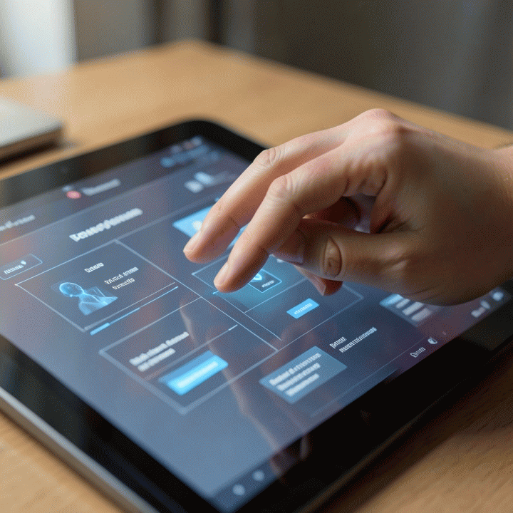 Hand interacting with an abstract digital interface for structuring a content persona.