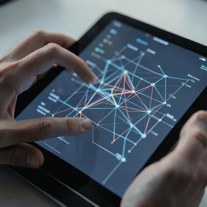 Tangan yang berinteraksi dengan tablet futuristik, menampilkan visualisasi diagram alir abstrak yang melambangkan proses penyesuaian konten.
