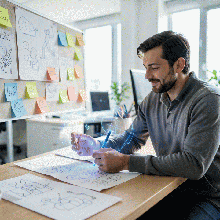 Seseorang sedang brainstorming di lingkungan kantor modern, dengan bantuan visualisasi digital abstrak yang melambangkan ide konten yang dihasilkan AI.