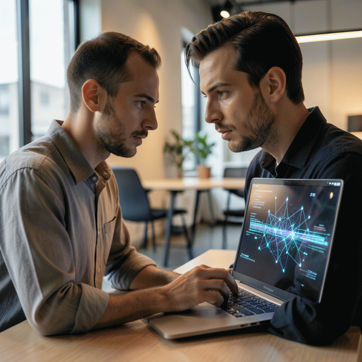 Seorang profesional sedang bekerja di laptop di lingkungan kantor modern, dengan layar yang menampilkan visualisasi data abstrak yang melambangkan analisis dan pembuatan konten AI.