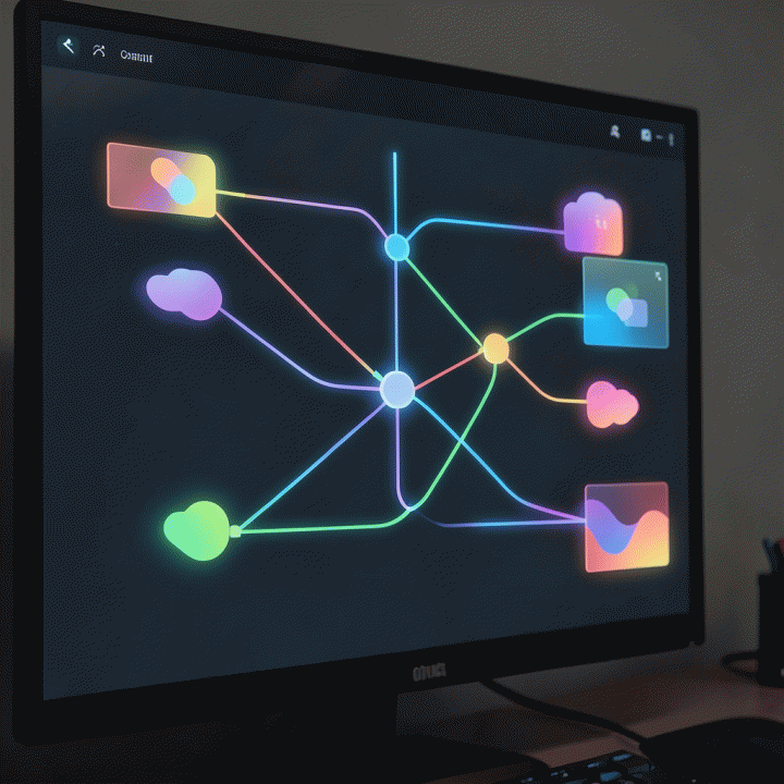 Visualisasi abstrak dari proses alur kerja (pipeline) yang menyatukan berbagai aset visual menjadi satu output yang kohesif dan konsisten.