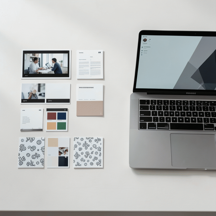 Tumpukan aset visual digital (palet warna, mood board, mock-up video) yang tersusun rapi di meja, menunjukkan konsistensi brand yang mudah dibuat.