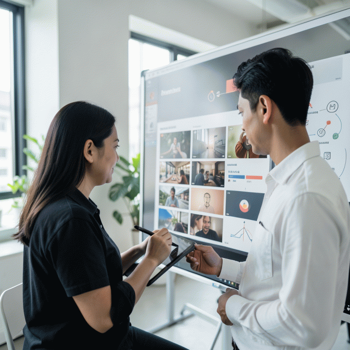 Seorang profesional kreatif Indonesia sedang bekerja dengan tablet di studio modern, menunjukkan visualisasi alur kerja konten video yang rapi dan konsisten brand-nya, dikelilingi aset visual digital.