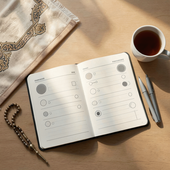 Meja kerja yang rapi dan modern dengan planner berisi habit tracker abstrak, dihiasi dengan elemen-elemen Islami seperti tasbih dan sajadah, menggambarkan perencanaan rutinitas ibadah yang tenang dan teratur.