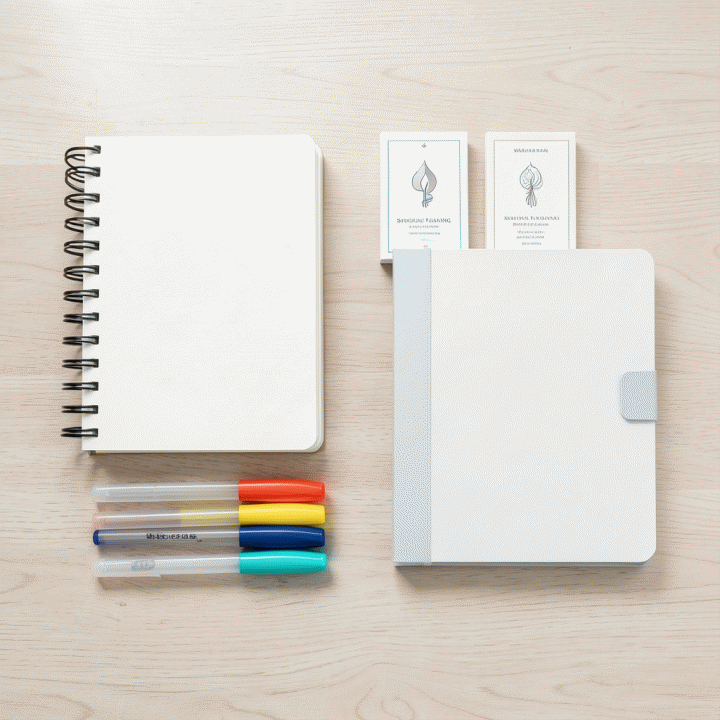 Tampilan datar (flat lay) dari berbagai perlengkapan perencanaan spiritual seperti jurnal, highlighters, dan planner di atas permukaan kayu, melambangkan perencanaan ibadah yang terstruktur.