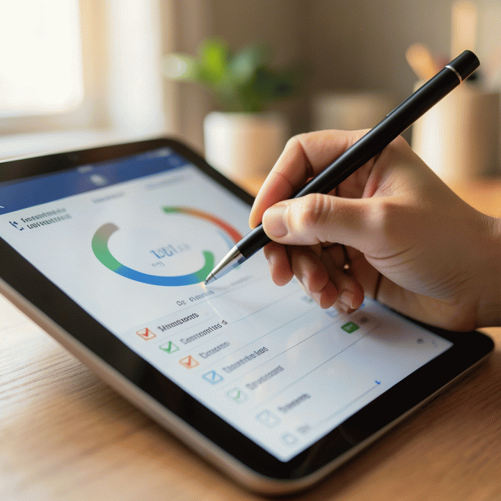 Tangan yang sedang mencatat progres ibadah di aplikasi tracker di tablet, menunjukkan konsistensi dan kemudahan pelacakan kebiasaan spiritual.