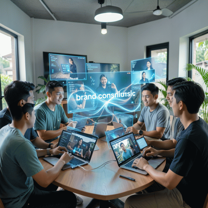 Ilustrasi sinematik dan fotorealistik tentang tim content creator yang berkolaborasi di ruang kerja digital holografik, melambangkan menjaga konsistensi visual merek melalui alur kerja yang efisien dan masif.