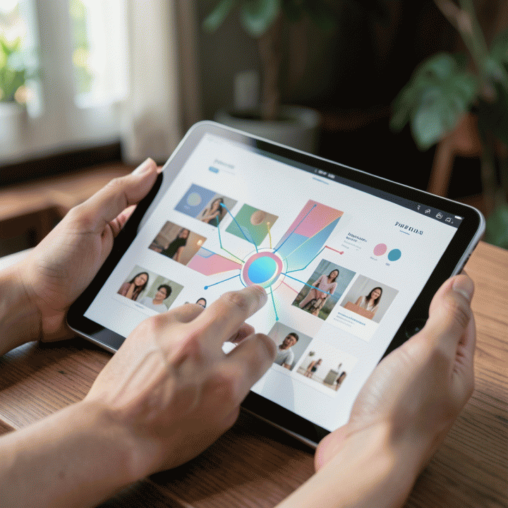 Tangan seorang content creator berinteraksi dengan tablet digital yang menampilkan berbagai aset visual brand yang konsisten dan terorganisir.