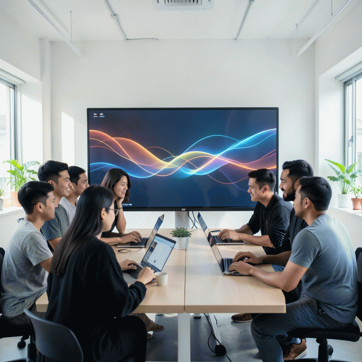 Sekelompok kreator konten Indonesia bekerja secara kolaboratif di ruang modern, dikelilingi oleh visualisasi aliran aset digital yang tampak sangat konsisten dan harmonis, melambangkan menjaga konsistensi visual brand dalam produksi video skala besar.