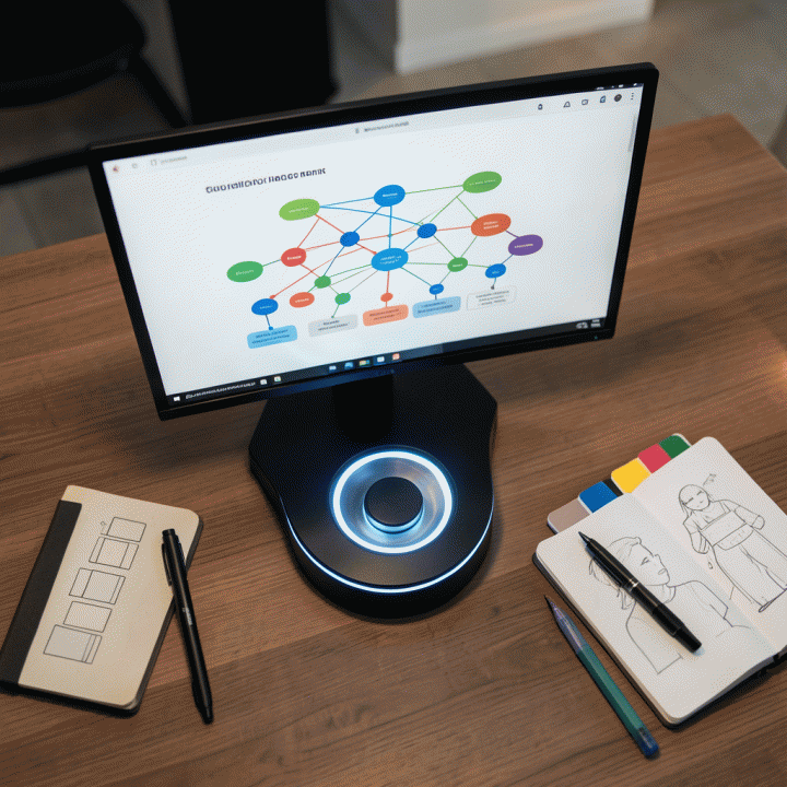 Tampilan atas workstation modern yang menunjukkan alur kerja produksi konten yang terorganisir dan terkelola, menekankan aspek sistematis dalam branding.