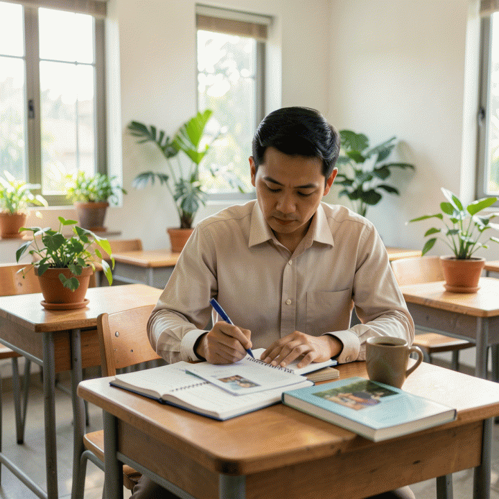 Seorang guru profesional Indonesia sedang merenungkan dan menulis dalam buku jurnal di kelas yang terang dan modern, melambangkan proses refleksi mendalam dan penemuan inspirasi belajar.