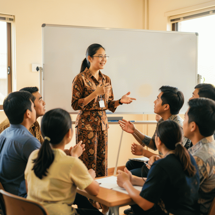 Seorang guru Indonesia sedang memimpin diskusi kelas yang hidup dan interaktif, menekankan proses berbagi inspirasi dan pembelajaran antar siswa dan guru.