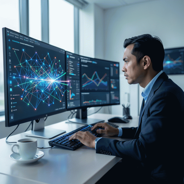 Digital marketing manager menganalisis data kompleks di layar multi-monitor, mengidentifikasi celah kompetitor (visibility gaps) menggunakan alat analitik canggih.