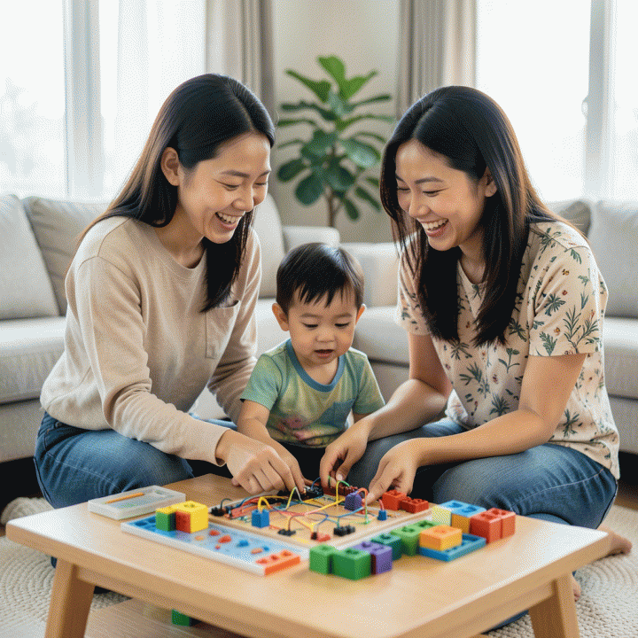 Orang tua Indonesia yang bahagia sedang melakukan aktivitas belajar interaktif bersama anak mereka di rumah, menunjukkan suasana belajar yang menyenangkan dan modern.