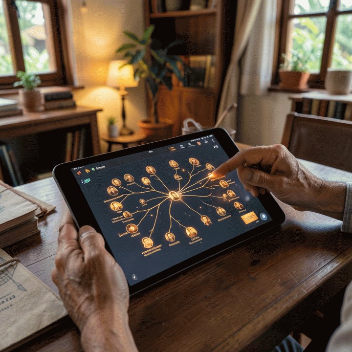 Peta warisan keluarga digital yang indah dan terstruktur ditampilkan di tablet, melambangkan pelestarian sejarah keturunan.