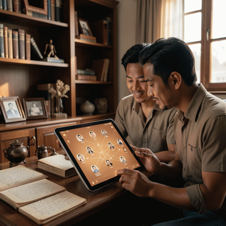 Pasangan muda Indonesia di ruangan bergaya vintage sedang melihat dan menyusun Pohon Keluarga digital yang bersinar pada tablet, menunjukkan proses digitalisasi warisan kenangan keluarga.
