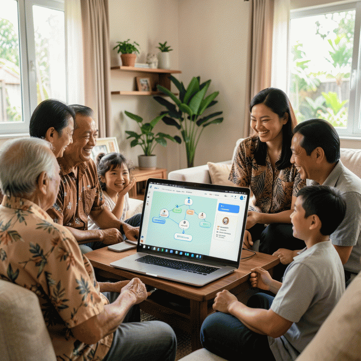 Keluarga lintas generasi Indonesia berkumpul di ruang tamu, melihat dan menikmati Pohon Keluarga digital bersama-sama pada layar besar.