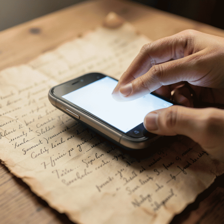 Tangan sedang memindai peta silsilah kuno yang rapuh menggunakan pemindai digital, melambangkan digitalisasi data sejarah keluarga.