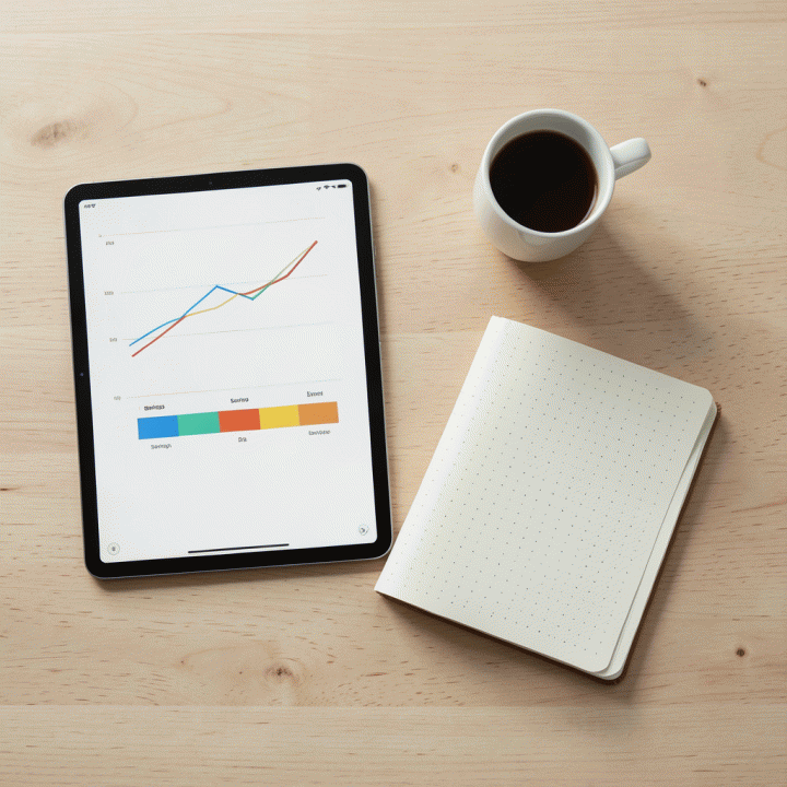 Tata letak datar (flat lay) berbagai alat bantu anggaran seperti tablet dan buku catatan yang menunjukkan aliran dana yang terstruktur dan positif.