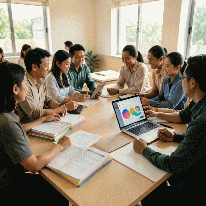 Guru-guru Indonesia yang berkolaborasi merancang materi ajar di kelas modern, didukung oleh teknologi AI yang memvisualisasikan proses pembelajaran yang efisien.