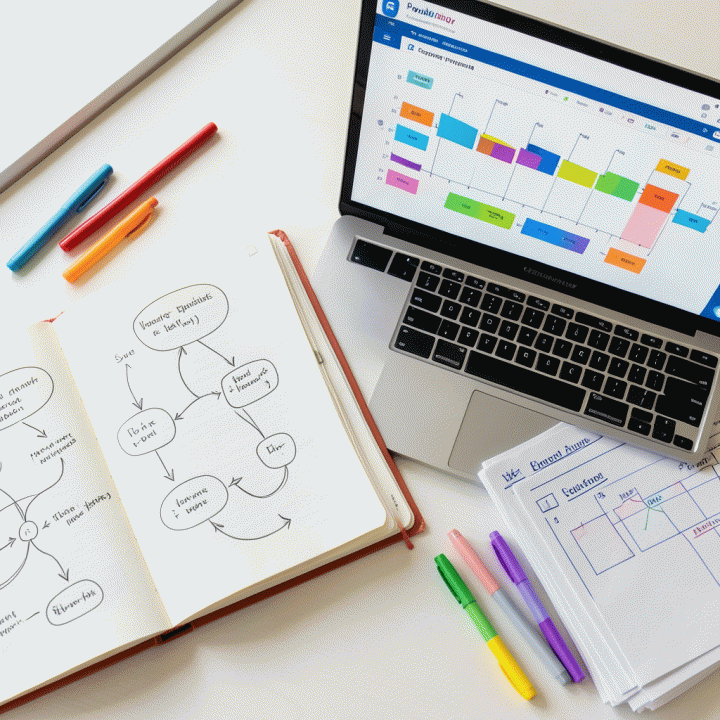 Komposisi datar (flat lay) meja kerja yang rapi, menunjukkan alat-alat perencanaan pembelajaran (buku, laptop dengan UI abstrak, lembar kerja) yang efisien.