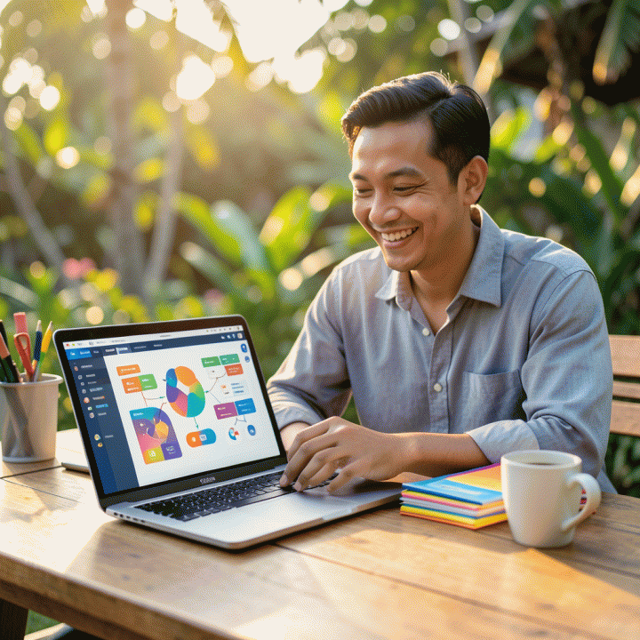 Seorang guru di Indonesia yang tersenyum bangga menggunakan laptop, menunjukkan bahwa AI membantu merancang modul ajar dengan efisien dan kreatif.